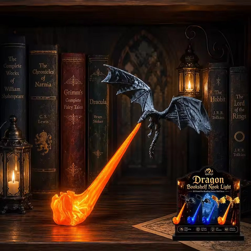 3D Dragon Bookshelf Light with Fire – LED Flying Dragon Bookend, Corne ...